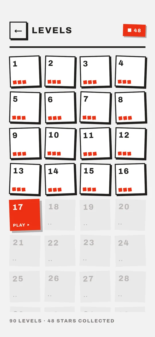The level select: a grid of numbered tiles, finished ones marked with three red squares, level 17 highlighted as the next to play.